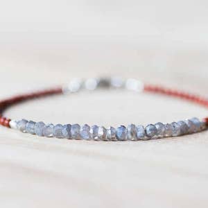 Red Jasper and Labradorite Bracelet, Delicate Gemstone Skinny Bracelet, Labradorite Jewelry, Sterling Silver Red Gemstone Stackable Bracelet