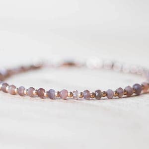 Chocolate Moonstone Bracelet with Rose Gold Fill or Sterling Silver, Delicate Gemstone Beaded Bracelet, Peach Brown Coffee Moonstone Jewelry