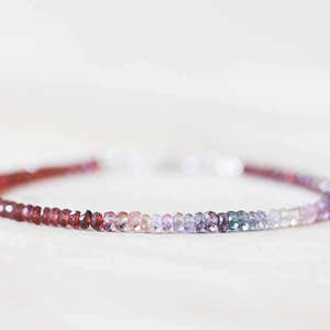 Red Garnet & Multi Colored Spinel Bracelet, Delicate Ombre Beaded Bracelet, Pink Purple Red Spinel Jewelry, Sterling Silver Rose Gold Fill