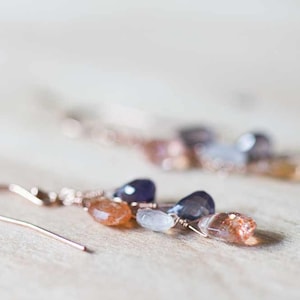 Iolite, Moonstone & Sunstone Earrings, Delicate Multi Gemstone Dangle Earrings, Iolite Jewelry, Rose Gold Filled or Sterling Silver
