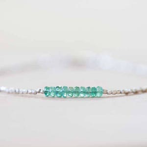 Delicate Emerald Bracelet with Fine Silver, Skinny Karen Hill Tribe Beaded Stacking Bracelet, Sterling Silver Zambian Geniue Emerald Jewelry