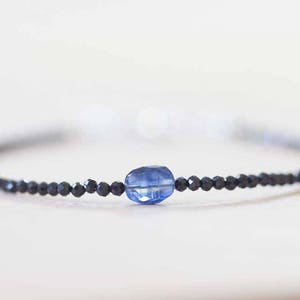 Delicate Black Spinel Bracelet with Kyanite, Tiny Black Gemstone Skinny Stacking Bracelet, Blue Kyanite Jewelry, Black Spinel Jewelry