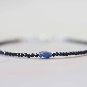 Delicate Black Spinel Bracelet with Kyanite, Tiny Black Gemstone Skinny Stacking Bracelet, Blue Kyanite Jewelry, Black Spinel Jewelry