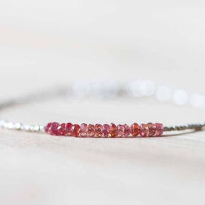 Ultra Delicate Fine Silver Bracelet with Padparadscha Sapphire, Skinny Karen Hill Tribe Beaded Stacking Bracelet, Sterling Silver Jewelry