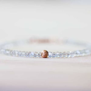 Ceylon Moonstone Bracelet with Rose Gold Filled or Sterling Silver, Beaded Moonstone Jewelry, White Gemstone Stacking, June Birthstone