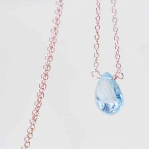 Aquamarine Necklace on Rose Gold Fill, Oxidized Sterling Silver Chain, Delicate March Birthstone Jewelry, Faceted Pear Briolette Pendant