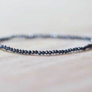 Delicate Hematite Stretch Bracelet, Faceted Tiny Beaded Black Gemstone Jewelry, Elastic Bracelet