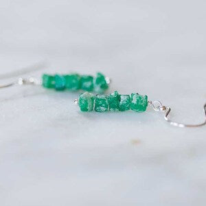 Rough Emerald Earrings, Rose Gold Filled or Sterling Silver, Raw Green Gemstone Jewelry, May Birthstone Dangle Stack