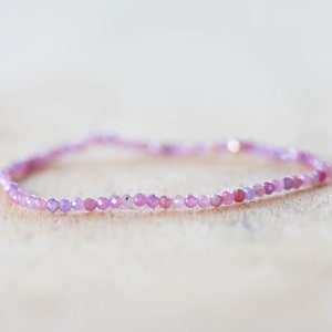Dainty Pink Sapphire Stretch Bracelet, Delicate Beaded Genuine Gemstone Jewelry
