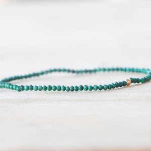 Malachite Stretch Bracelet, Delicate Beaded Green Gemstone Jewelry, Genuine Small Faceted Gemstones