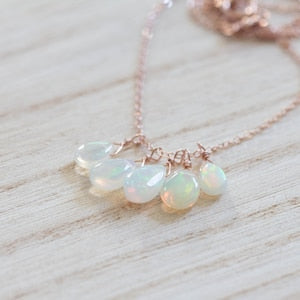 Opal Cluster Pendant on Gold Filled or Sterling Silver Chain, Delicate Ethiopian Welo Opal Necklace, October Birthstone Jewelry, Rose Gold