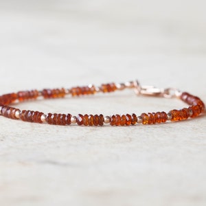 Hessonite Garnet Bracelet with Rose Gold Fill or Sterling Silver, Delicate Gemstone Beaded Jewelry, January Birthstone