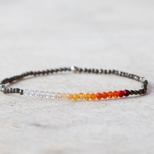 Pyrite & Mexican Fire Opal Stretch Bracelet, Delicate Beaded Minimal Gemstone Jewelry, Claspless Elastic