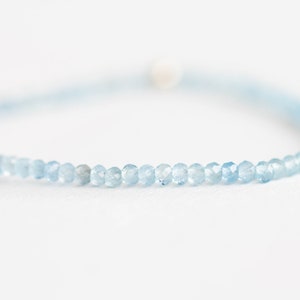 Aquamarine Stretch Bracelet, Dainty Beaded Blue Stone Jewelry, March Birthstone Crystal Gift