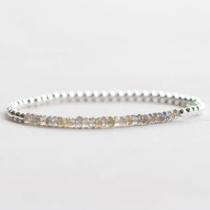 Labradorite Stretch Bracelet, Sterling Silver or Rose Gold Fill, Beaded Dainty Labradorite Jewelry, Elastic Stacking Bracelet
