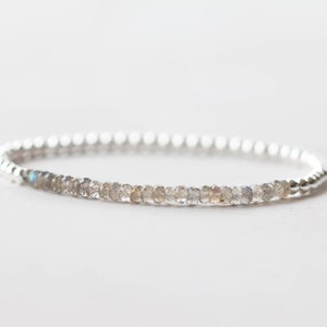 Labradorite Stretch Bracelet, Sterling Silver or Rose Gold Fill, Beaded Dainty Labradorite Jewelry, Elastic Stacking Bracelet