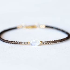 Smoky Quartz Bracelet with Rainbow Moonstone, Dainty Beaded Shaded Ombre Jewelry