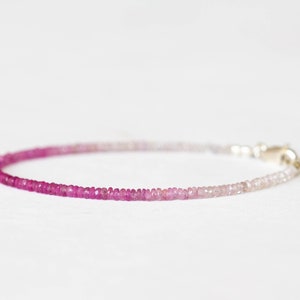 Dainty Shaded Pink Sapphire Bracelet, Genuine September Birthstone Beaded Jewelry