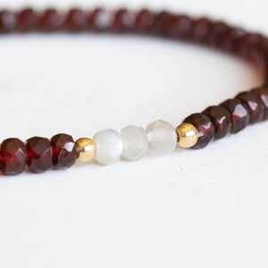 Garnet Stretch Bracelet with Gray Moonstone, Dainty Beaded Red Gemstone Elastic Stacking Jewelry