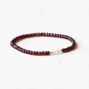 Garnet Stretch Bracelet with Gray Moonstone, Dainty Beaded Red Gemstone Elastic Stacking Jewelry