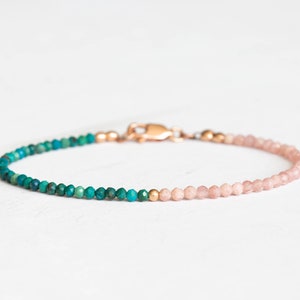 Rhodochrosite & Chrysocolla Bracelet, Delicate Pink Gemstone Beaded Jewelry, Small Micro Faceted Beads, Rose Gold Fill or Sterling Silver
