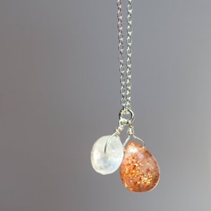 Moonstone & Sunstone Pendant on Rose Gold Filled or Sterling Silver Chain, Sunstone Necklace, Moonstone Jewelry, Oxidized Silver