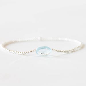 Dainty Blue Topaz Stretch Bracelet, Sterling Silver or Rose Gold Filled, Ultra Delicate Faceted Beaded Blue Gemstone Jewelry