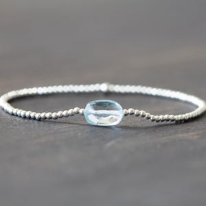 Dainty Blue Topaz Stretch Bracelet, Sterling Silver or Rose Gold Filled, Ultra Delicate Faceted Beaded Blue Gemstone Jewelry