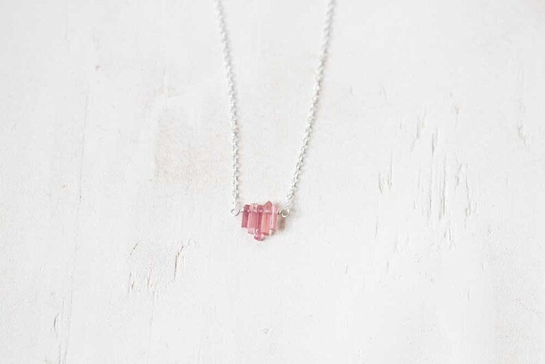 Tiny Pink Tourmaline Crystal Necklace on Sterling Silver, Oxidized Silver or Rose Gold Filled Chain, Delicate Raw Tourmaline Jewelry