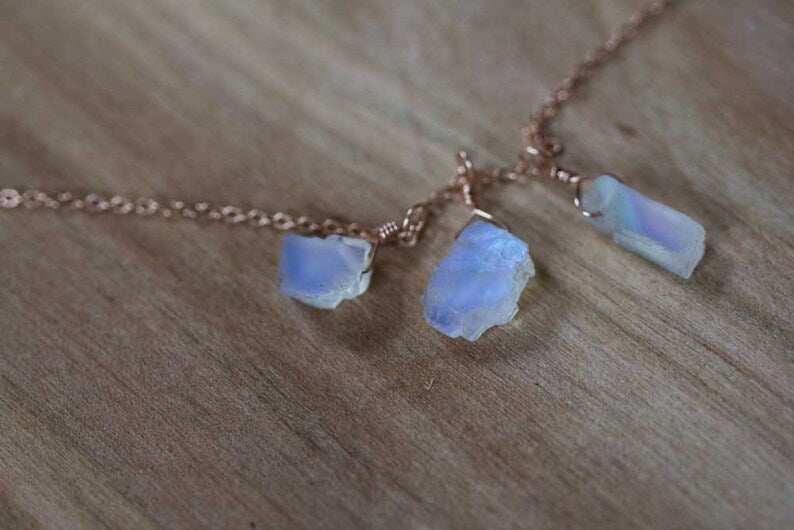 Rough Moonstone Necklace on Sterling Silver or Rose Gold Filled Chain, Gemstone Cluster Necklace, Raw Rainbow Moonstone Jewelry, Oxidized