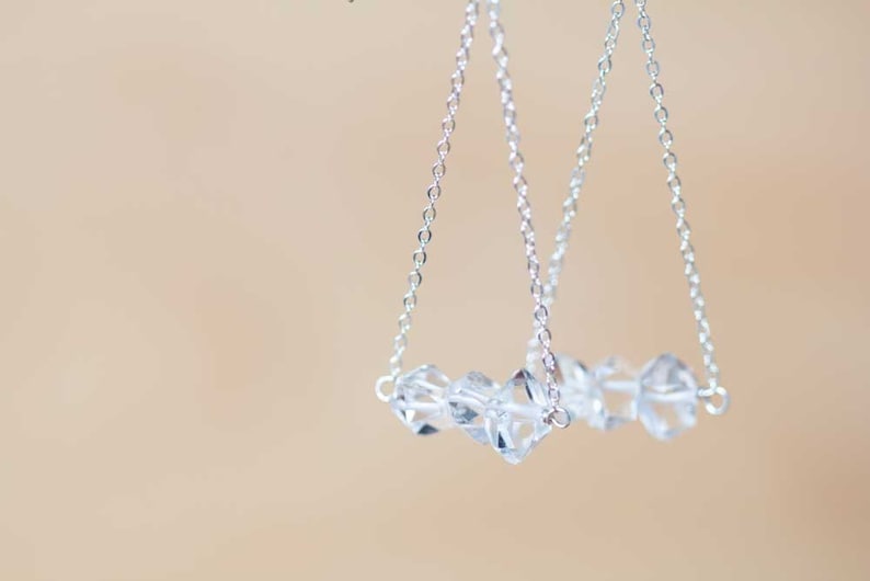 Herkimer Diamond Earrings, Delicate Crystal Quartz Chain Dangle Earrings, Herkimer Diamond Jewelry, Rose Gold Filled or Sterling Silver