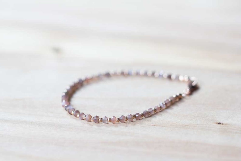 Chocolate Moonstone Bracelet with Rose Gold Fill or Sterling Silver, Delicate Gemstone Beaded Bracelet, Peach Brown Coffee Moonstone Jewelry