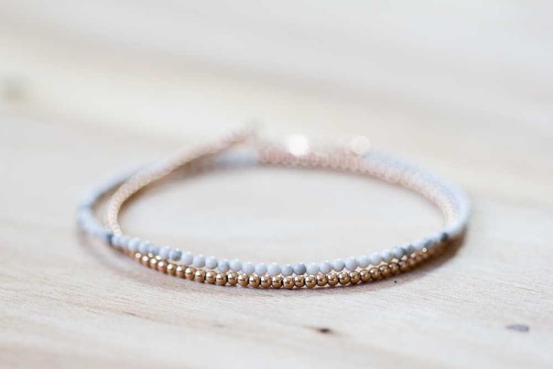 White Howlite Bracelet with Rose Gold Fill or Sterling Silver, Delicate Double Wrap White Gemstone Bracelet, Howlite Jewelry