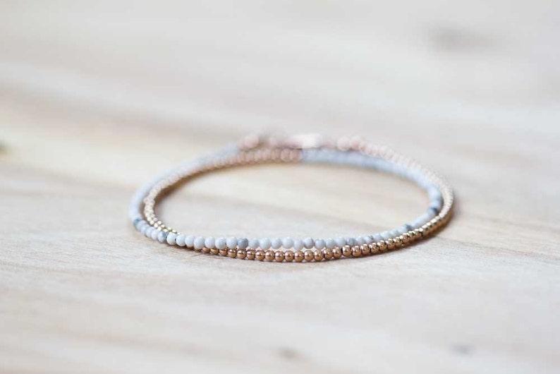White Howlite Bracelet with Rose Gold Fill or Sterling Silver, Delicate Double Wrap White Gemstone Bracelet, Howlite Jewelry