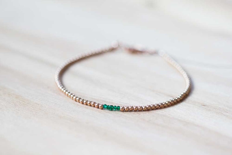 Delicate Rose Gold Filled Bracelet with Green Tourmaline, Dainty Skinny Beaded Chrome Tourmaline Jewelry, Sterling Silver