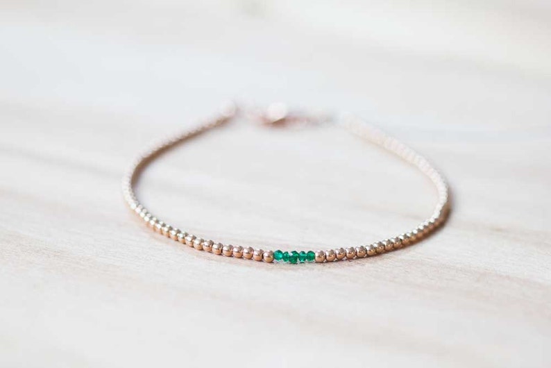 Delicate Rose Gold Filled Bracelet with Green Tourmaline, Dainty Skinny Beaded Chrome Tourmaline Jewelry, Sterling Silver