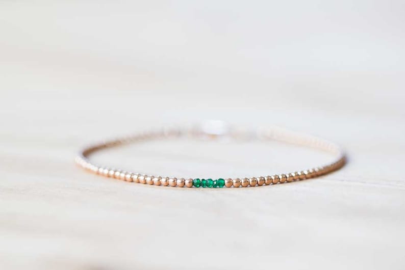 Delicate Rose Gold Filled Bracelet with Green Tourmaline, Dainty Skinny Beaded Chrome Tourmaline Jewelry, Sterling Silver