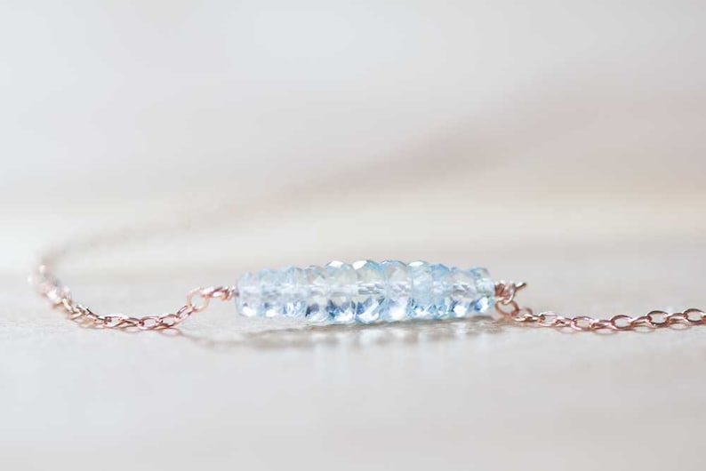 Aquamarine Bar Necklace on Rose Gold Filled, Oxidized Sterling or Sterling Silver Chain, Delicate Aquamarine Jewelry, Blue Gemstone