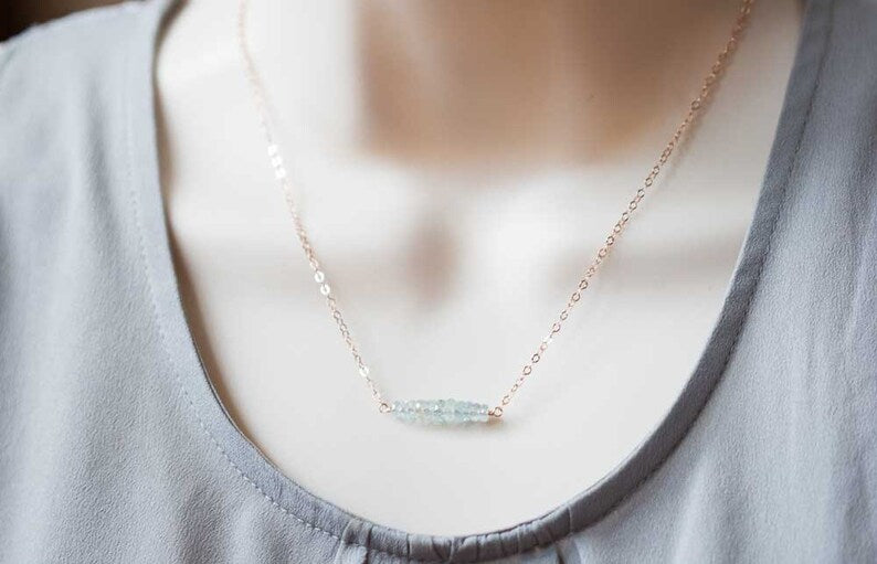 Aquamarine Bar Necklace on Rose Gold Filled, Oxidized Sterling or Sterling Silver Chain, Delicate Aquamarine Jewelry, Blue Gemstone