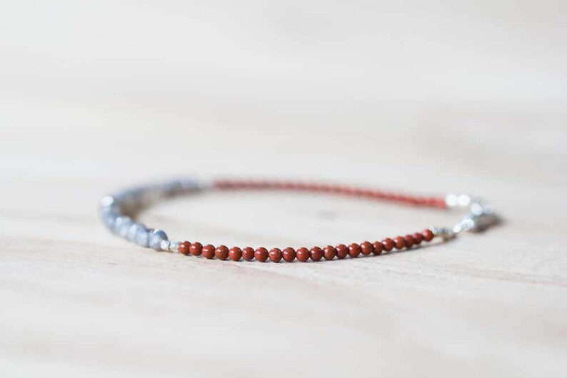 Red Jasper and Labradorite Bracelet, Delicate Gemstone Skinny Bracelet, Labradorite Jewelry, Sterling Silver Red Gemstone Stackable Bracelet