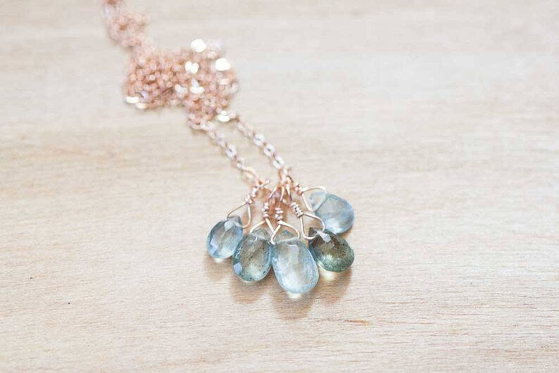 Moss Aquamarine Necklace, Cluster Pendant on Rose Gold Fill or Sterling Silver Chain, Delicate March Birthstone Necklace, Aquamarine Jewelry