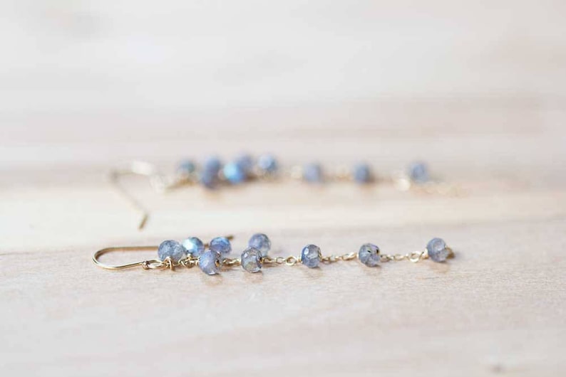 Labradorite Cluster Dangle Earrings, Labradorite Jewelry, Delicate Sterling Silver or Rose Gold Filled Earrings