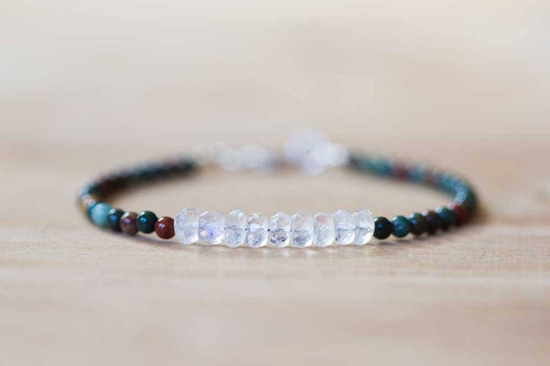 Bloodstone Bracelet with Rainbow Moonstone, Multi Gemstone Bracelet, Moonstone Jewelry, Sterling Silver Rose Gold Fill, Bloodstone Jewelry