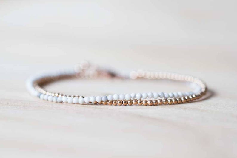 White Howlite Bracelet with Rose Gold Fill or Sterling Silver, Delicate Double Wrap White Gemstone Bracelet, Howlite Jewelry