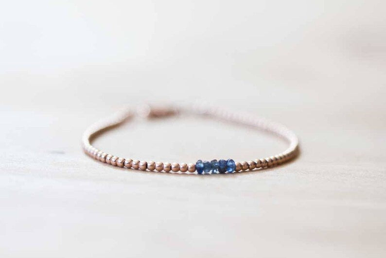 Ultra Dainty Rose Gold Fill Beaded Bracelet with Sapphire, Skinny Beaded Stacking Bracelet, Pink Gold Fill Jewelry