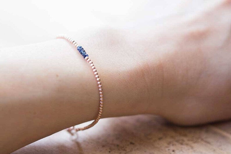 Ultra Dainty Rose Gold Fill Beaded Bracelet with Sapphire, Skinny Beaded Stacking Bracelet, Pink Gold Fill Jewelry