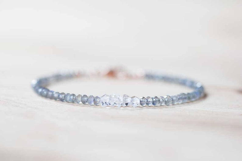 Labradorite & Herkimer Diamond Bracelet, Delicate Quartz Crystal Jewelry, Beaded Labradorite Bracelet, Rose Gold Fill or Sterling Silver