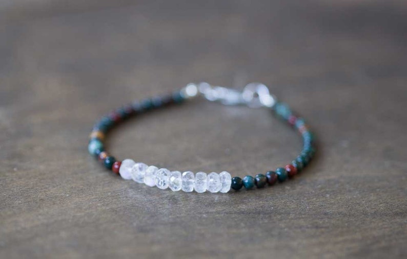 Bloodstone Bracelet with Rainbow Moonstone, Multi Gemstone Bracelet, Moonstone Jewelry, Sterling Silver Rose Gold Fill, Bloodstone Jewelry