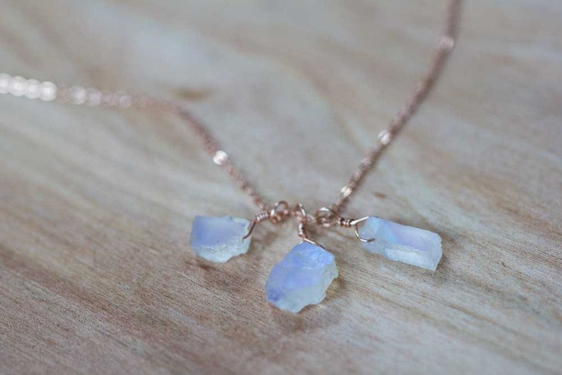 Rough Moonstone Necklace on Sterling Silver or Rose Gold Filled Chain, Gemstone Cluster Necklace, Raw Rainbow Moonstone Jewelry, Oxidized