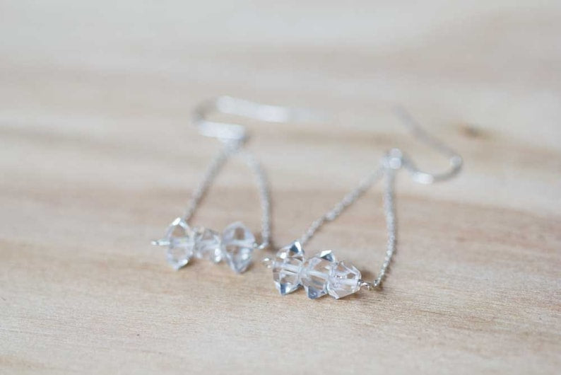 Herkimer Diamond Earrings, Delicate Crystal Quartz Chain Dangle Earrings, Herkimer Diamond Jewelry, Rose Gold Filled or Sterling Silver